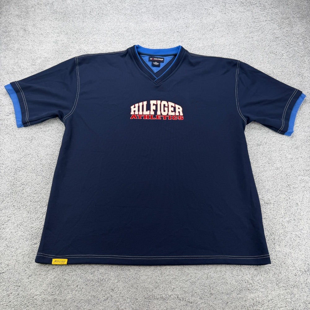Vintage Tommy Hilfiger Athletics Shirt Mens XXL Navy Mesh V Neck Y2K Jersey Tee